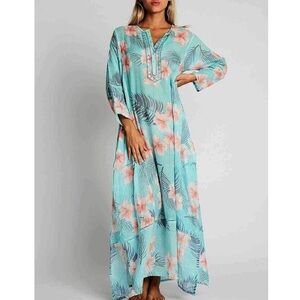 Debbie Katz South Beach Floral Hibiscus Blue Gauzy Maxi Dress in Sea and Pink